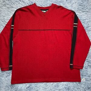 VINTAGE V Neck Long Sleeve Shirt Size Large Mens Retro Red Navy Blue Casual Y2K